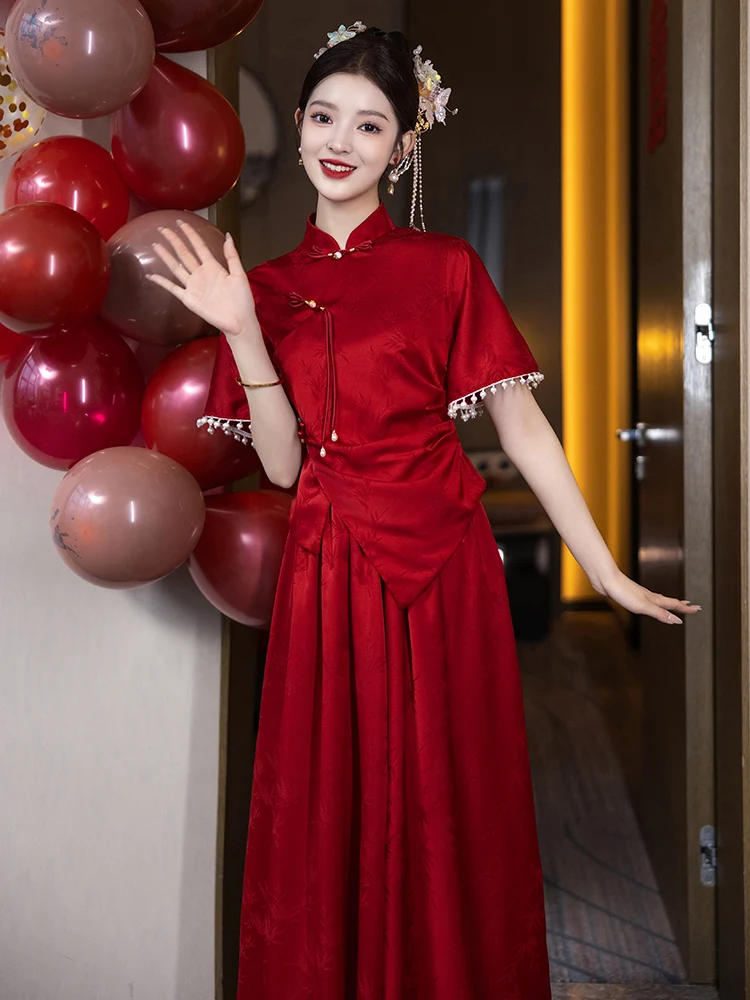

New Chinese Sle Qipao Engagement Suit Materni Red Wedding Dr plus Size Cover Belly Ba Home Gown for Women