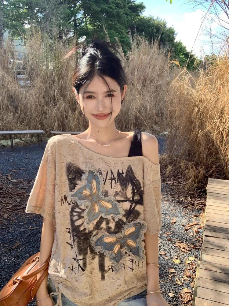 Camiseta larga holgada con bordado para mujer, camisetas coreanas elegantes con hombros descubiertos, muchas ropa, ropa de calle, Tops Kpop para mujer