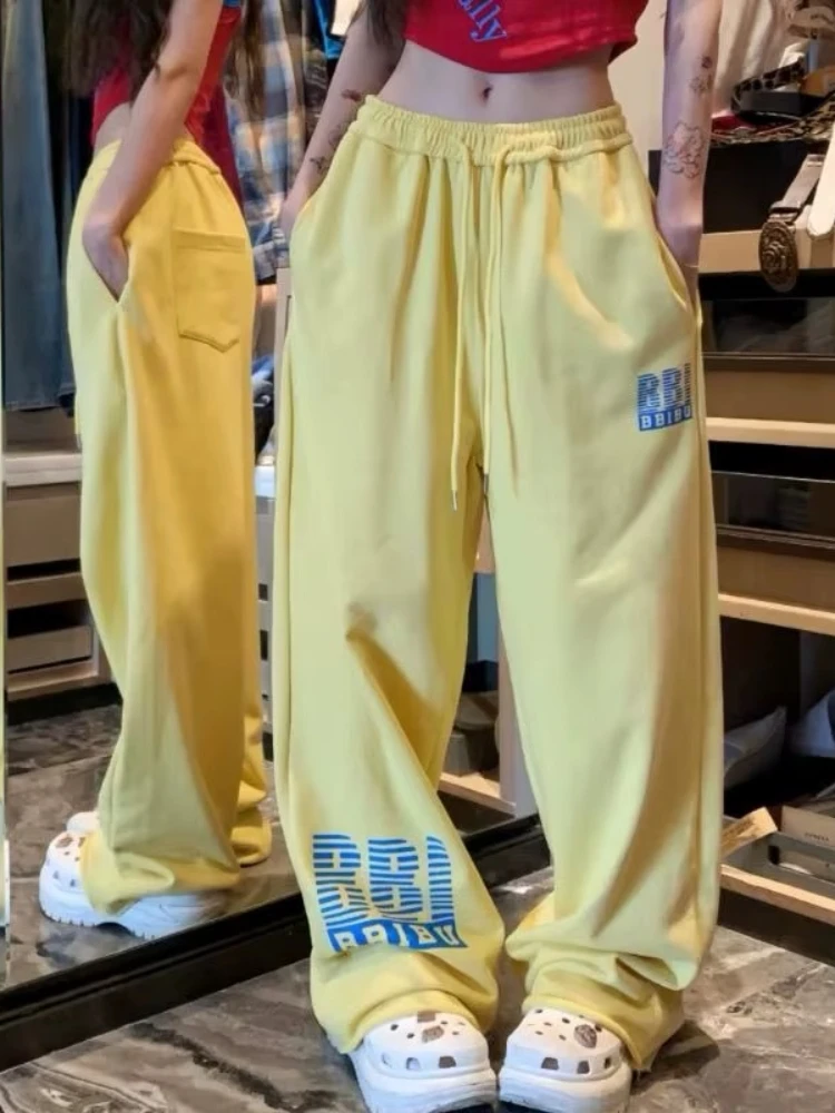 

HOUZHOU Yellow Letter Print Women Pants Wide Leg High Waist American Style Jogging Sweatpants Baggy Hip Hop Casual Streetwear