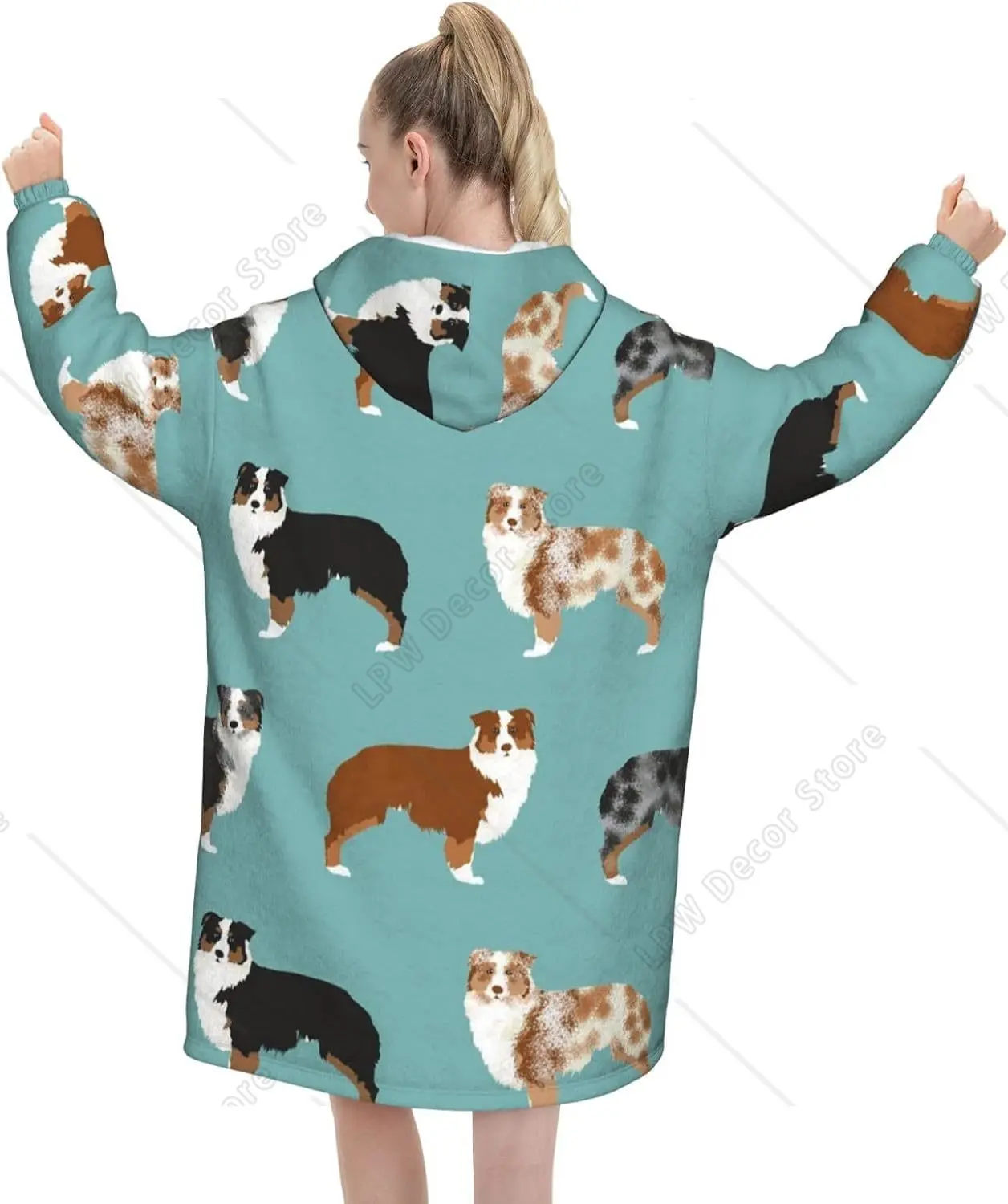 Australian Shepherds Dogs Pattern Adult Flannel Wearable Plush Blanket with Pockets Ultra Soft Plush Warm Hoodie