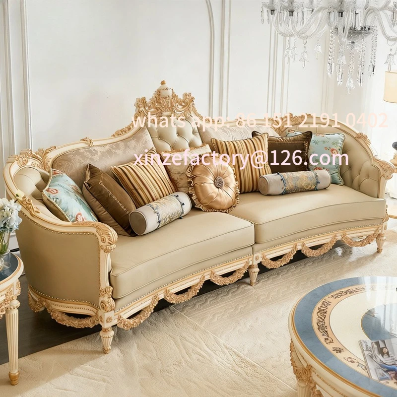 Customizable villa large flat European French American solid wood leather sofa