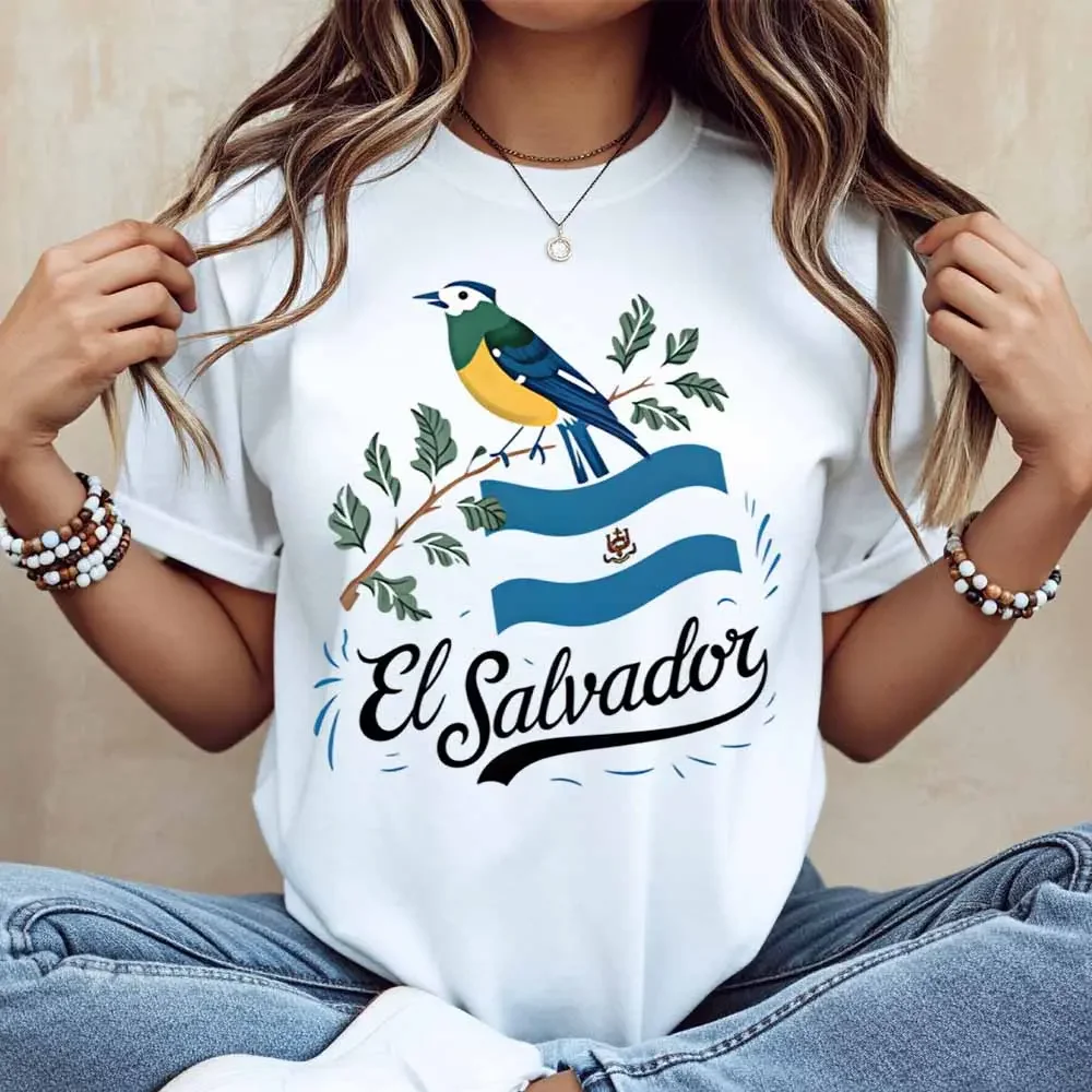 Bird And Leaves El Salvador Flag Print T Shirt Women Casual Short Sleeve Round Neck Top