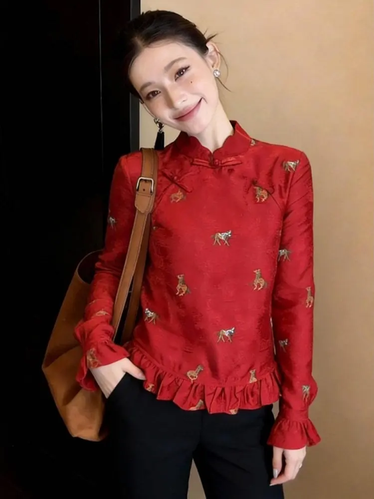 

Red Chinese Style Long Sleeve Printed Shirt Women's Fashion Casual Loose Fit Breathable Spring New Arrival Top