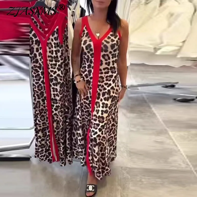 Sexy Leopard Print V Neck Sleeveless Woman Dress Summer Sling Patchwork Split Robe Dress Casual Holiday Loose A-Line Party Dress