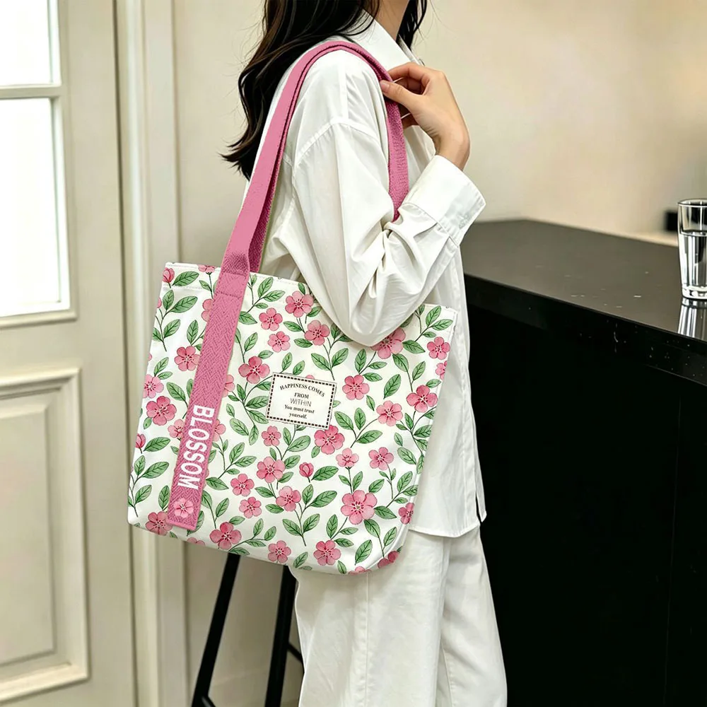 New Canvas Tote Bag Open Top Floral & Lemon Print Single Shoulder Bag Large Capacity Handbag Gift Large Capacity Storage Bag