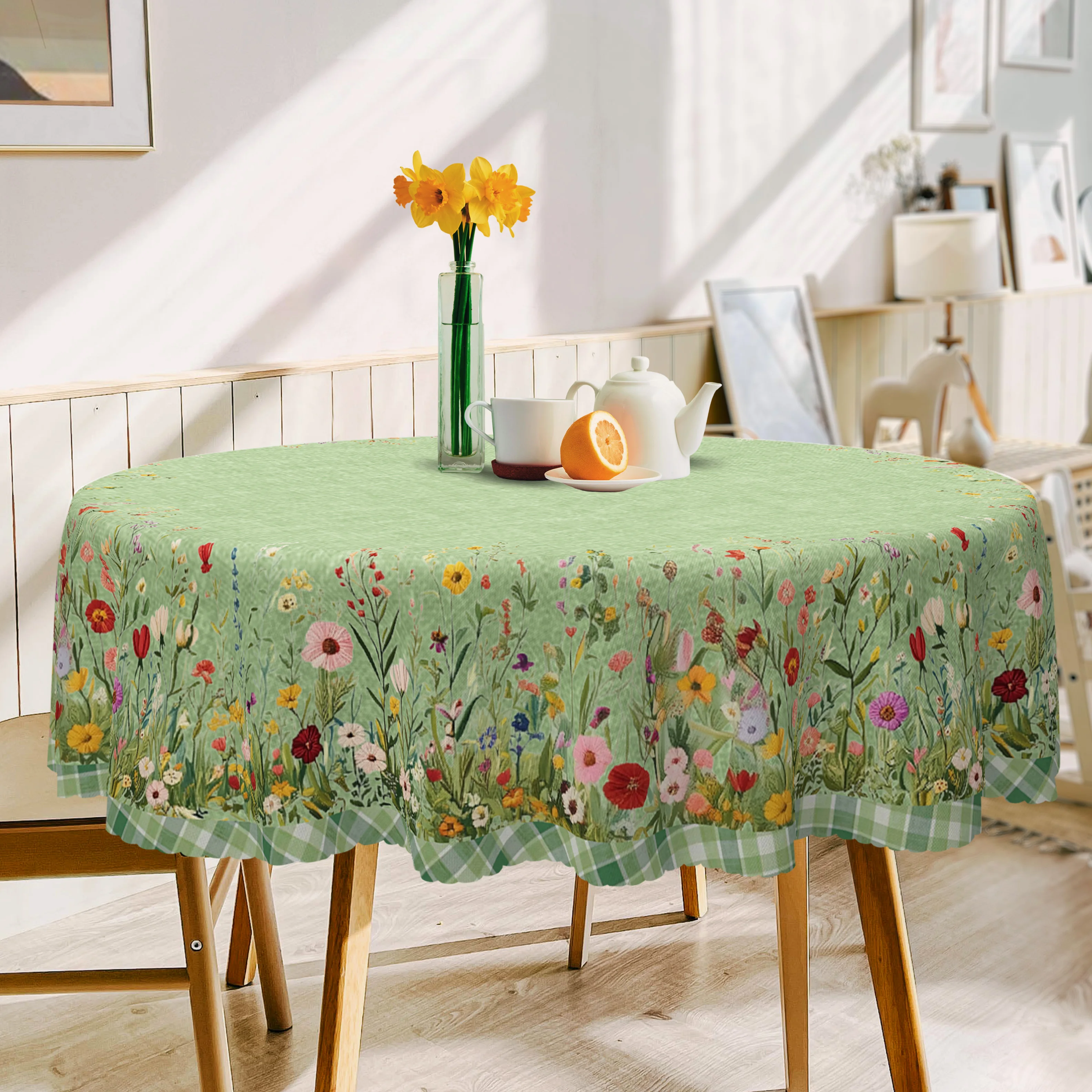 Green and Fresh Floral-Themed Tablecloth, Simple Green Color Scheme, Vibrant Small Floral Prints Such as Morning Glory, Daisy, Hyacinth, Etc., Embossed Edges, Waterproof, Wrinkle-Resistant, Fade-Resistant, Suitable for Rectangular and Round Dining Tables, Home Kitchen Living Room Dining Table Balcony Coffee Table, Holiday Party Holiday Table Decoration, Outdoor Picnic Decoration, Coffee Table Decoration, Perfect Gift, Spring, Summer, Autumn, Winter Decoration Comes with 4 Anti-Slip Stickers. P-97