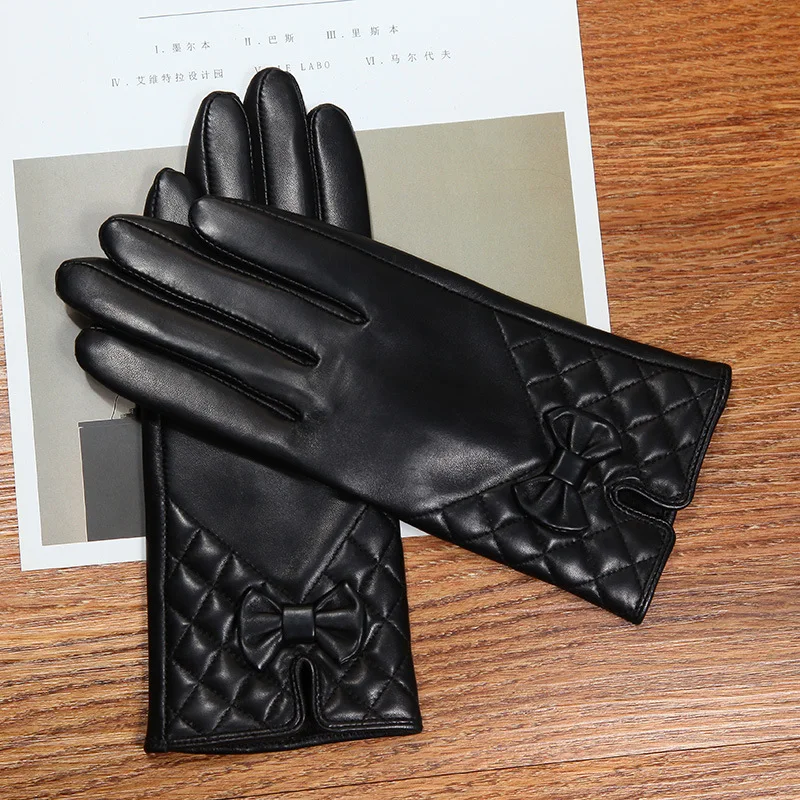 

Real Leather Women Gloves Thermal Plushed Lined Fashion Wrist Butterfly Knots Autumn Winter Driving Lambskin Gloves Female L6123