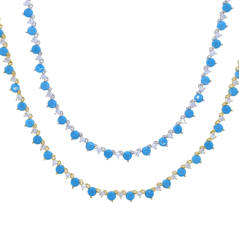 Summer Hot Selling 16 Inches Luxury Women Choker Clear 5A CZ Blue Turquoises Prong Set Tennis Chain Necklace