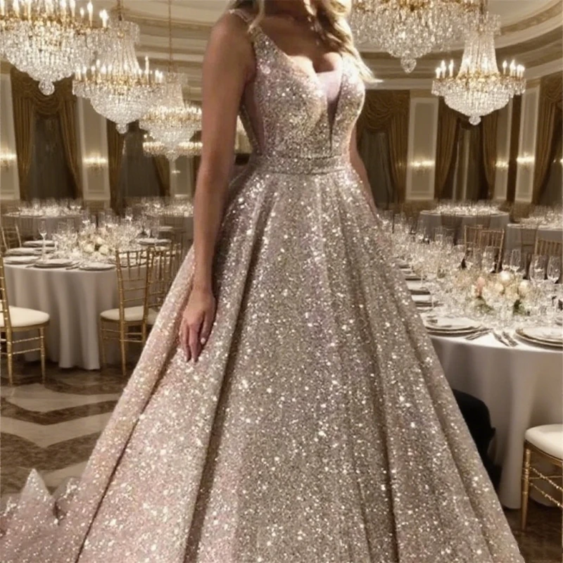 

Customized Tank A Line V Neck Evening Dresses Sequin Prom Dress Gllitter Shining Party Dresses Plus Size vestidos de noche