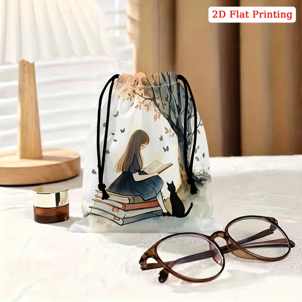 1pc Cartoon Girl Reading Book Drawstring Bag White Storage Small Pouch For Glasses Cosmetics Travel Organizer Gift For Women