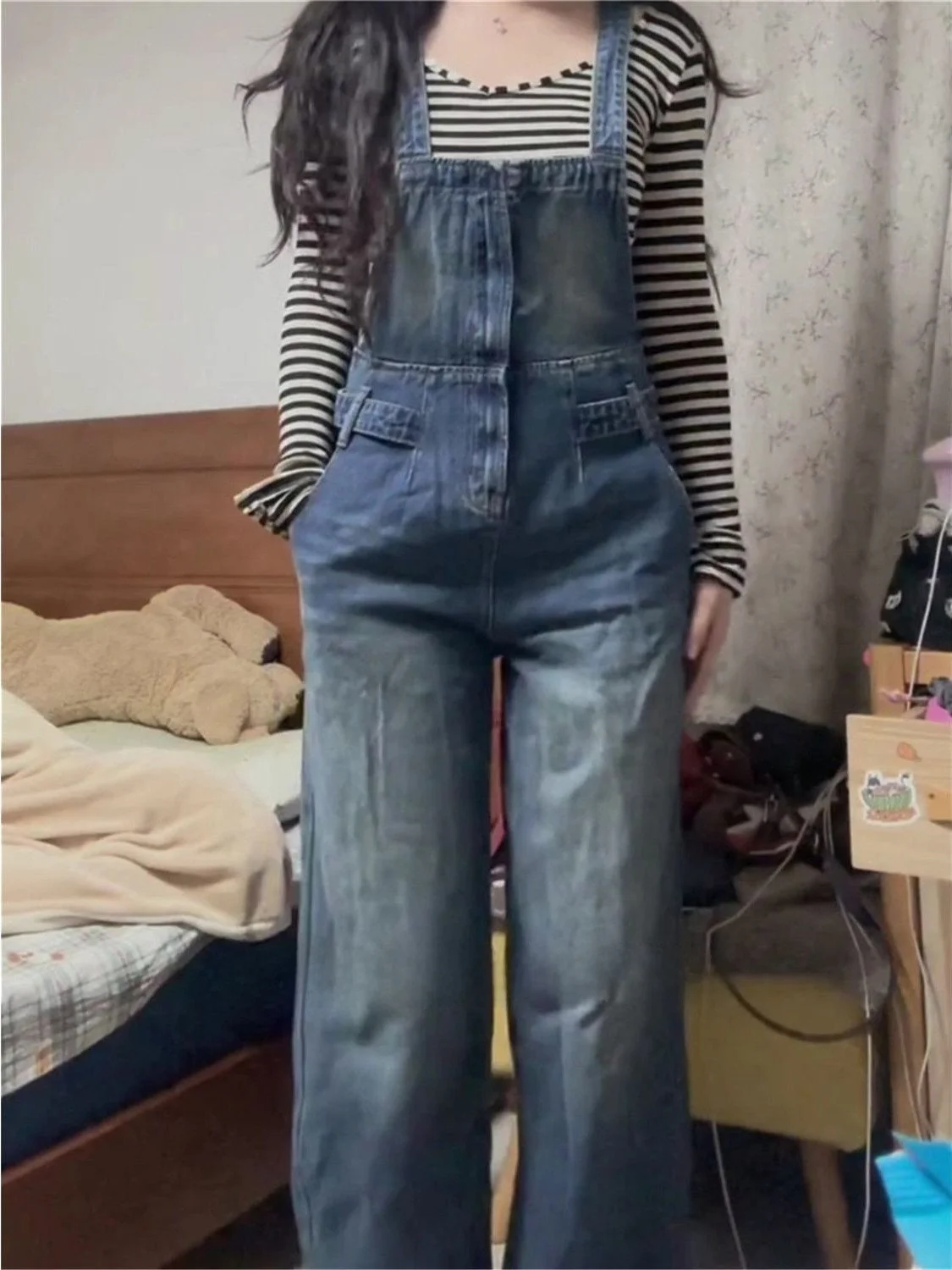 Retro American Blue Denim Overalls Women's Fall Pear Body Type Thick Legs Wide Hip Versatile Wide Leg Jumpsuit Pants