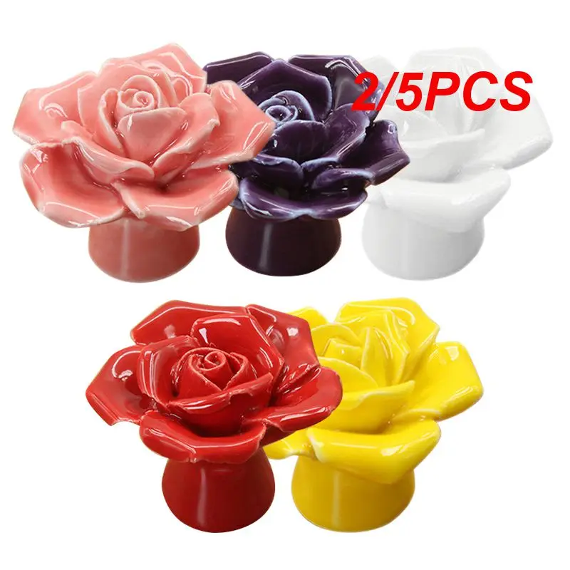 2/5PCS Fashion Furniture Handles Hardware Ceramic Flower Rose Drawer Knobs Rural Cabinet Cupboard Handles 41mm Diameter 34mm