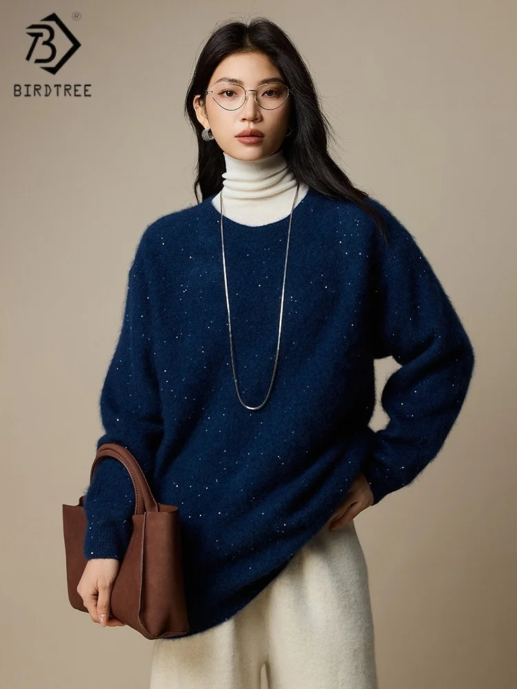 

Birdtree,100% Sheep Wool Plush Knitted Sweater,Woman Sequin O-neck Loose Knitwear,2025 Autumn/Winter Pullover,Blue T5O826JF