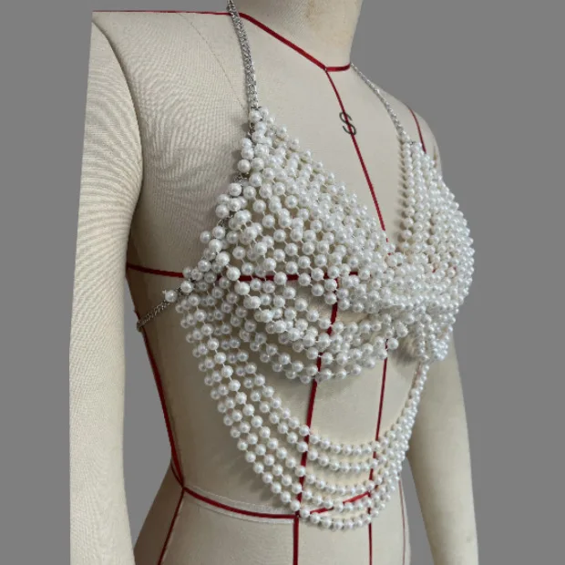 Hand-woven Plastic Pearls Camis Tops Women Halter Bra Chain Multi-layer Sexy Pearls Deep-v Neck Vest Tanks Breast Body Jewelry