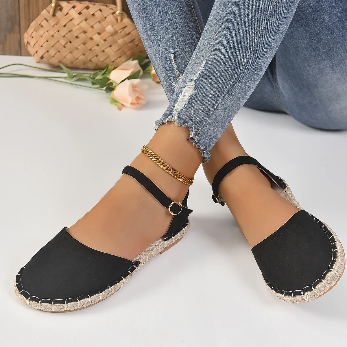 Plus Size 43 Shoes of Women Ankle Strap Espadrilles Roman Sandals Flat Hemp Rope Womens Shoes Comfort Summer Women Sandals 2022