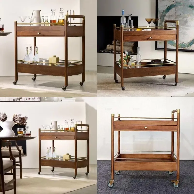 Solid Wood Dining Cart Mobile Beverage Trolley for Hotel Restaurant Villa Living Room Bedroom Storage Rack