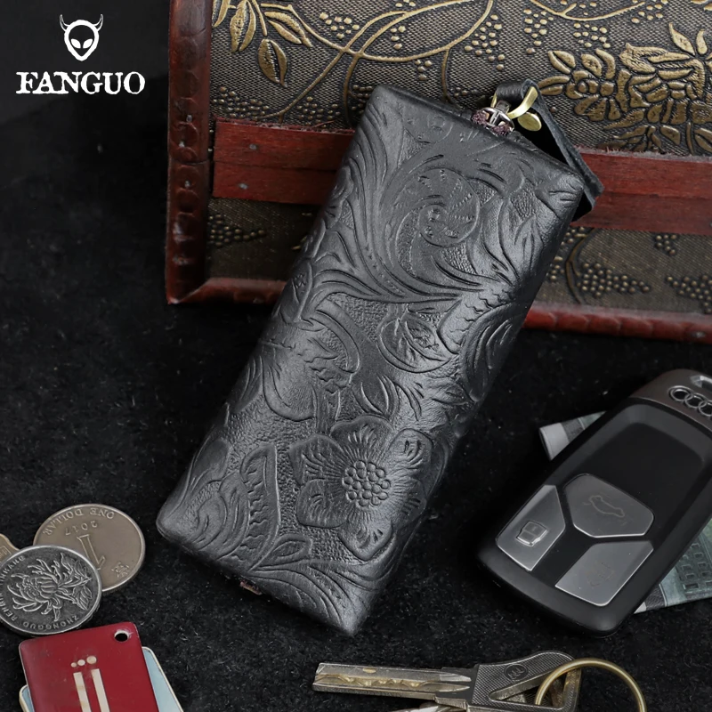 Genuine Leather Key Holder - Unisex Car/House Key Organizer Pouch with Long Keychain, Cow Split Leather Wallet Case