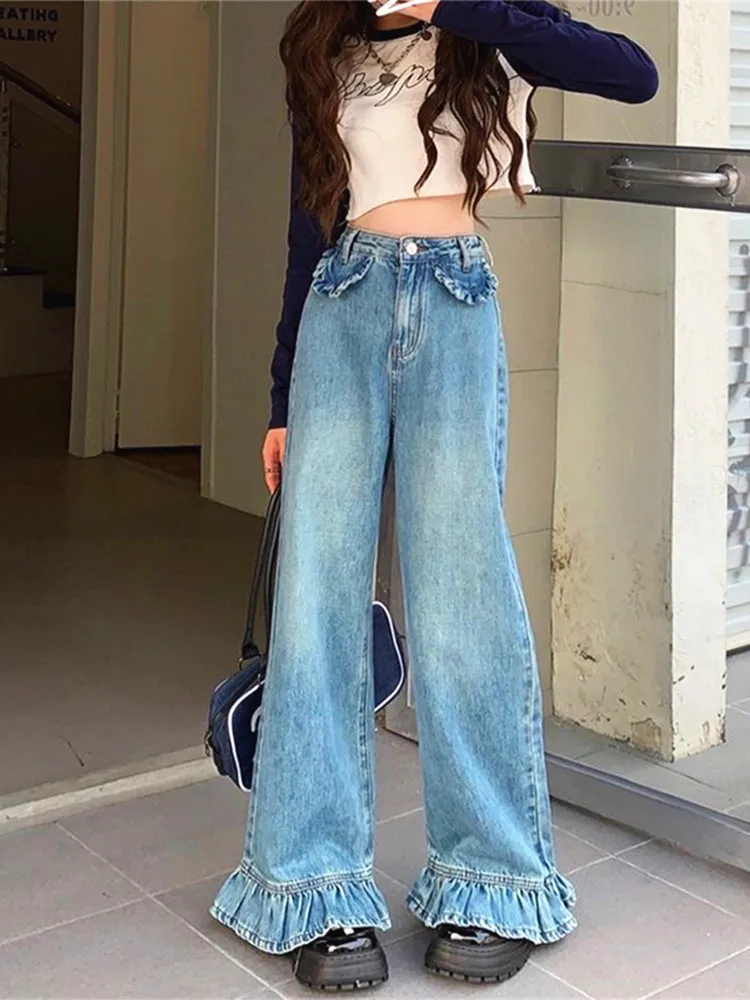 

2023 Cyber Y2K Fashion Washed Blue Flounce Baggy Flare Jeans Pants For Women Korean Casual Dress Lady Trousers Roupas Feminina