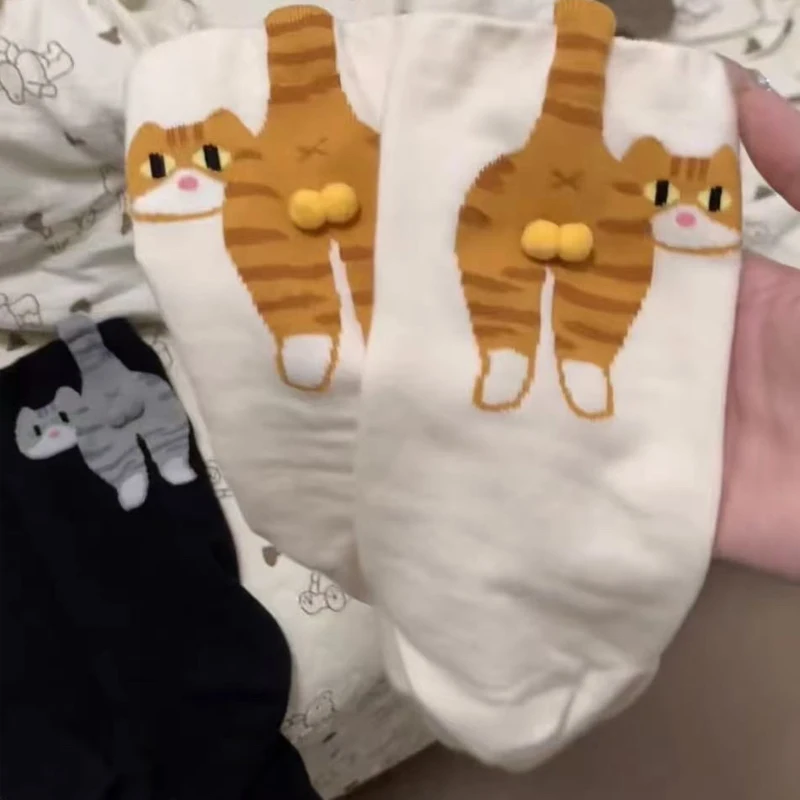 الكرتون لطيف القط كرات الجوارب القطنية Kawaii تنفس الحياكة الجوارب للنساء الفتيات الأوسط أنبوب النوم جورب القط طباعة الطابق جورب #5