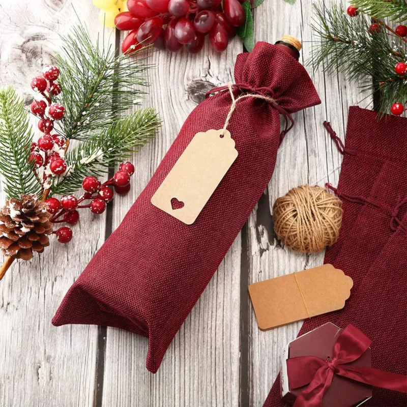 10Pcs Burlap Wine Gift Bags Drawstrings Champagne Red Wine Bottle Covers For Xmas Christmas Wedding Party Decoration With Tags
