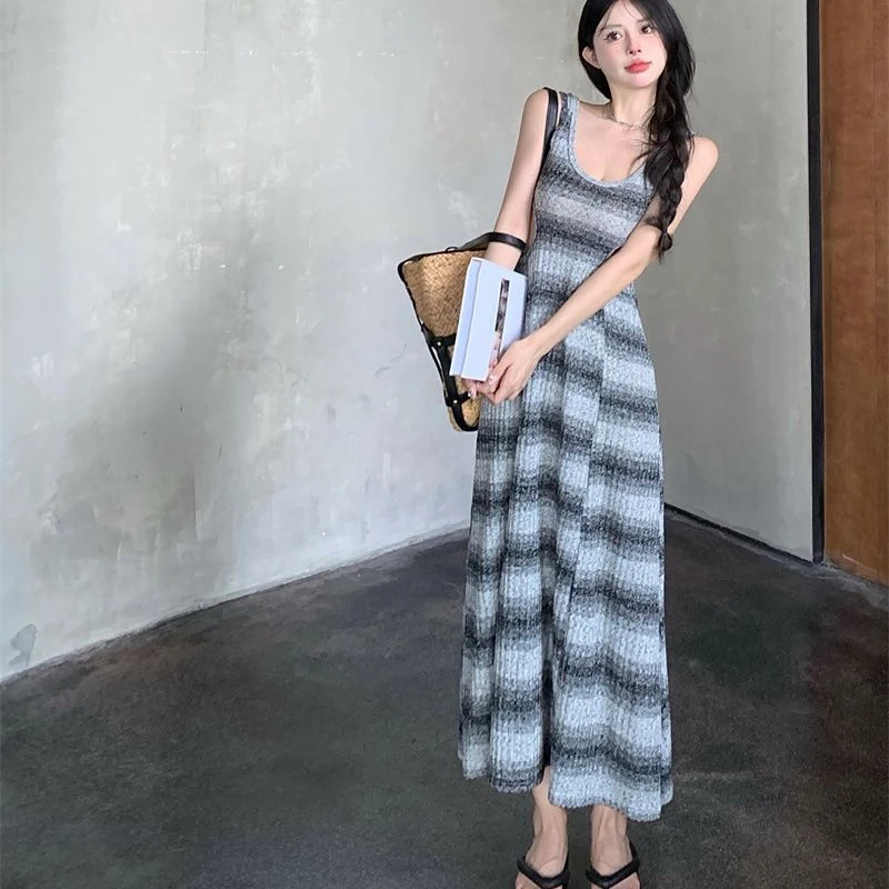 Sleeveless Midi Dress Women Striped Hollow Out Summer Temperament Flattering Waist A-line Vestidos Backless Streetwear Fashion