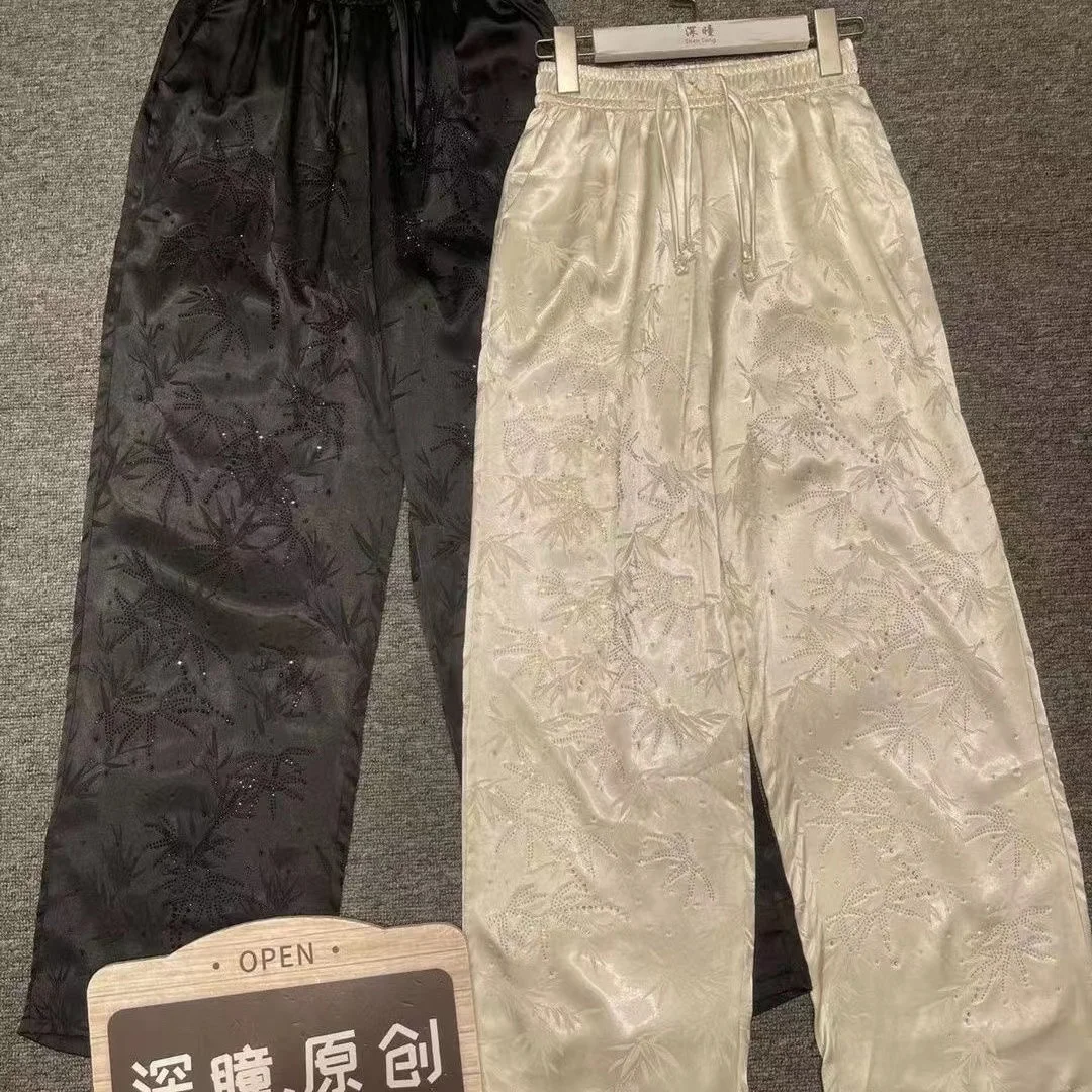 Blingbling strass pantaloni gamba liscia Weg da donna pantaloni dritti larghi casuali pantaloni con coulisse 2024 novità In pantaloni