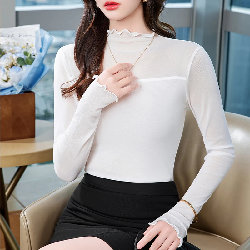 

Elegant Fashion OL Professional Tops Slim Autumn Winter Long Sleeve Women Bottom Shirt Half High Collar Mesh T Shirt