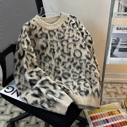 Women Leopard Pullover Knitted Sweater Harajuku Aesthetic Y2k Large Size Long Sleeves Sweaters Fashion Vintage 2000s Clothes