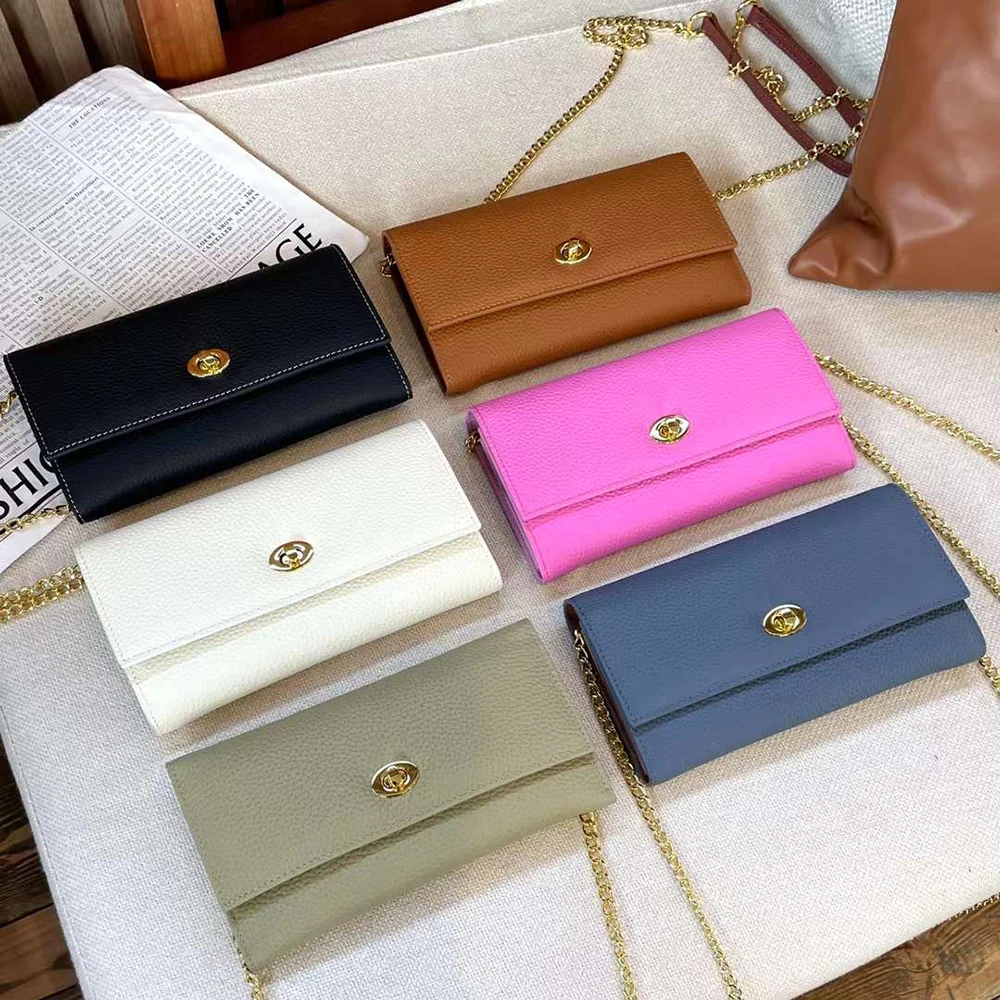 Long Genuine Leather Women Wallet On Chain Custom Name Female Crossbody Clutch Bag Engrave Letters Luxury Brand Lady Handbag