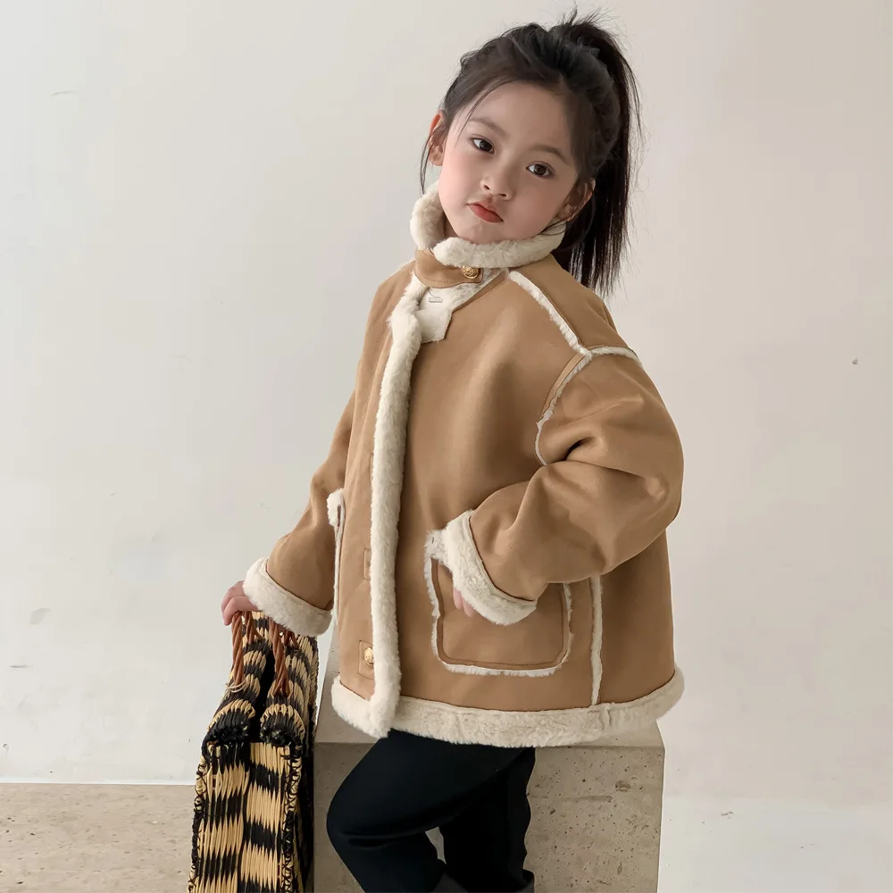 

Fashion Baby Girl Leather Jacket Fleece Collar Winter Spring Fall Kid Leather Coat Button Outwear Pockets Child Clothes 2-11Y