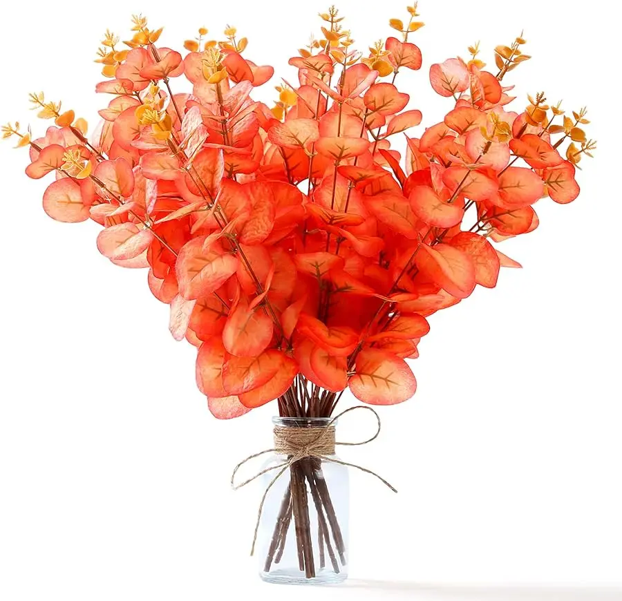

10 Pcs Fall Eucalyptus Stems Fall Flower Fake Orange Eucalyptus Leaves for Thanksgiving Decoations Fall Party Home Bedroom Decor