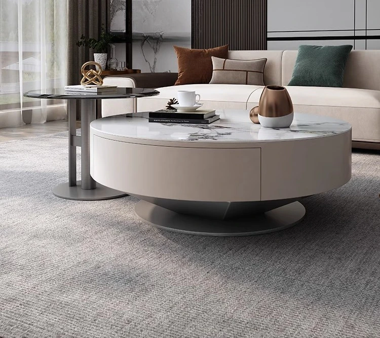 

Italian light luxury round stainless steel solid wood drawer modern high-end rock slab coffee table