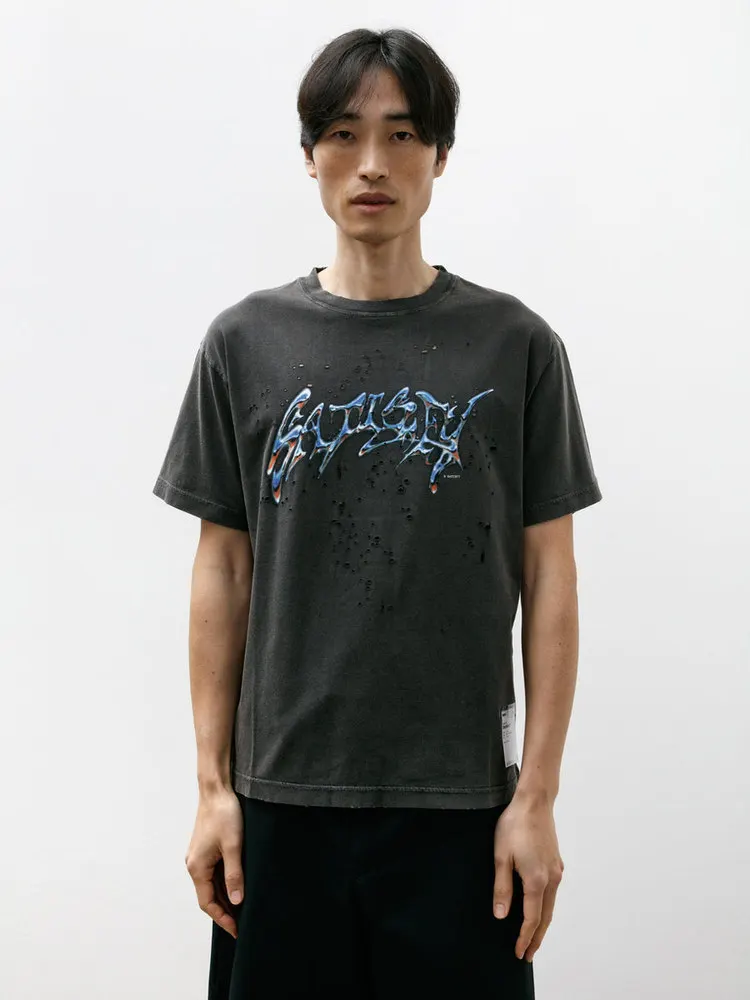 Retro Cotton T-Shirt round Neck Short Sleeve Printed Black Hole Worn-look Youth Casual Wear Breathable Summer Outdoor Activity