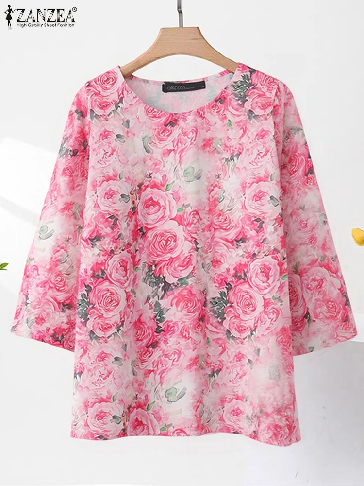 ZANZEA Camicetta con stampa floreale vintage Donna Autunno Camicie bohémien 2025 Moda Top Manica 3/4 O-Collo Casual Allentato Blusas Femininas
