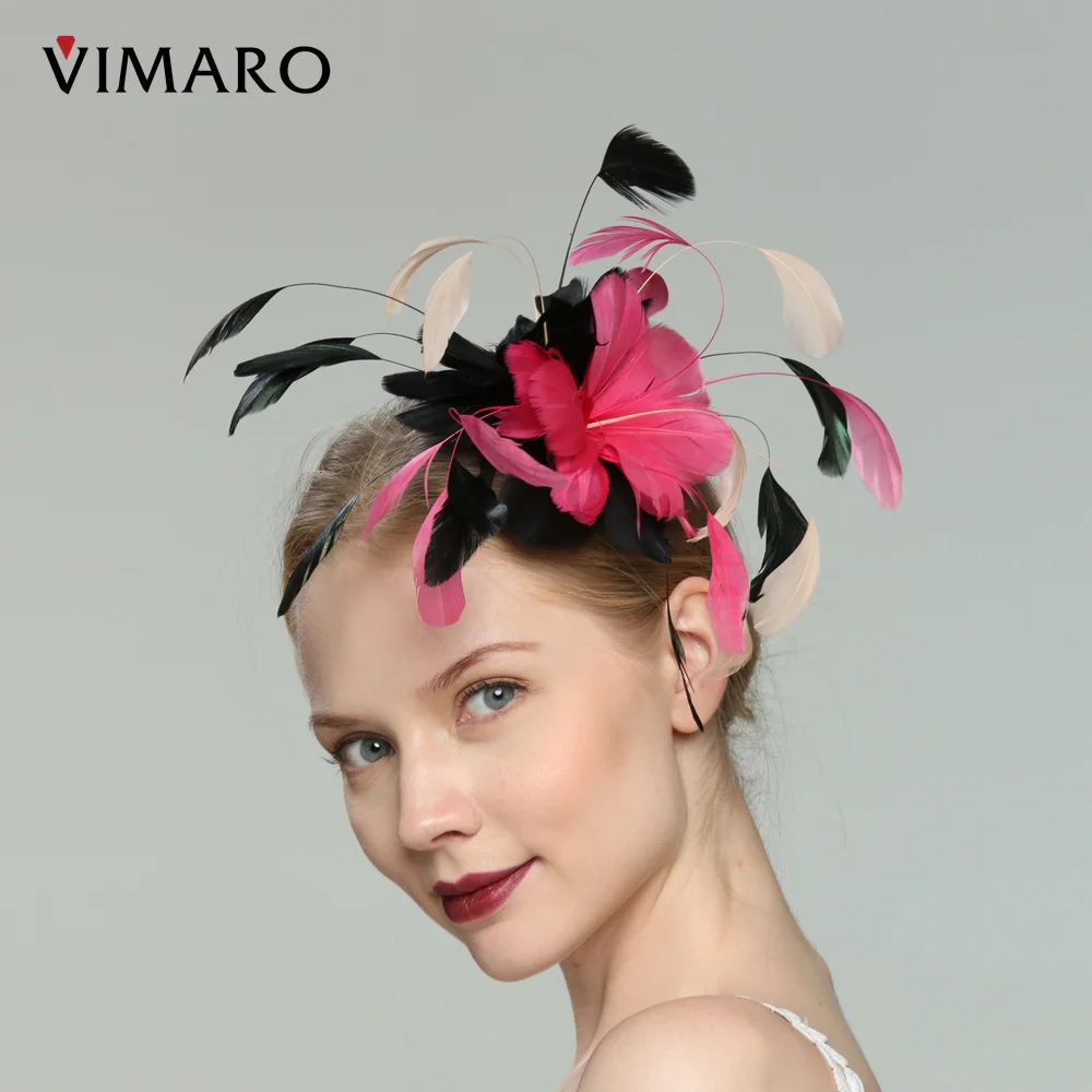 VIMARO Fuchsia and Black Feather Fascinators for Women Elegant Hair Accessories Fascinator Hats for Women Wedding and Church