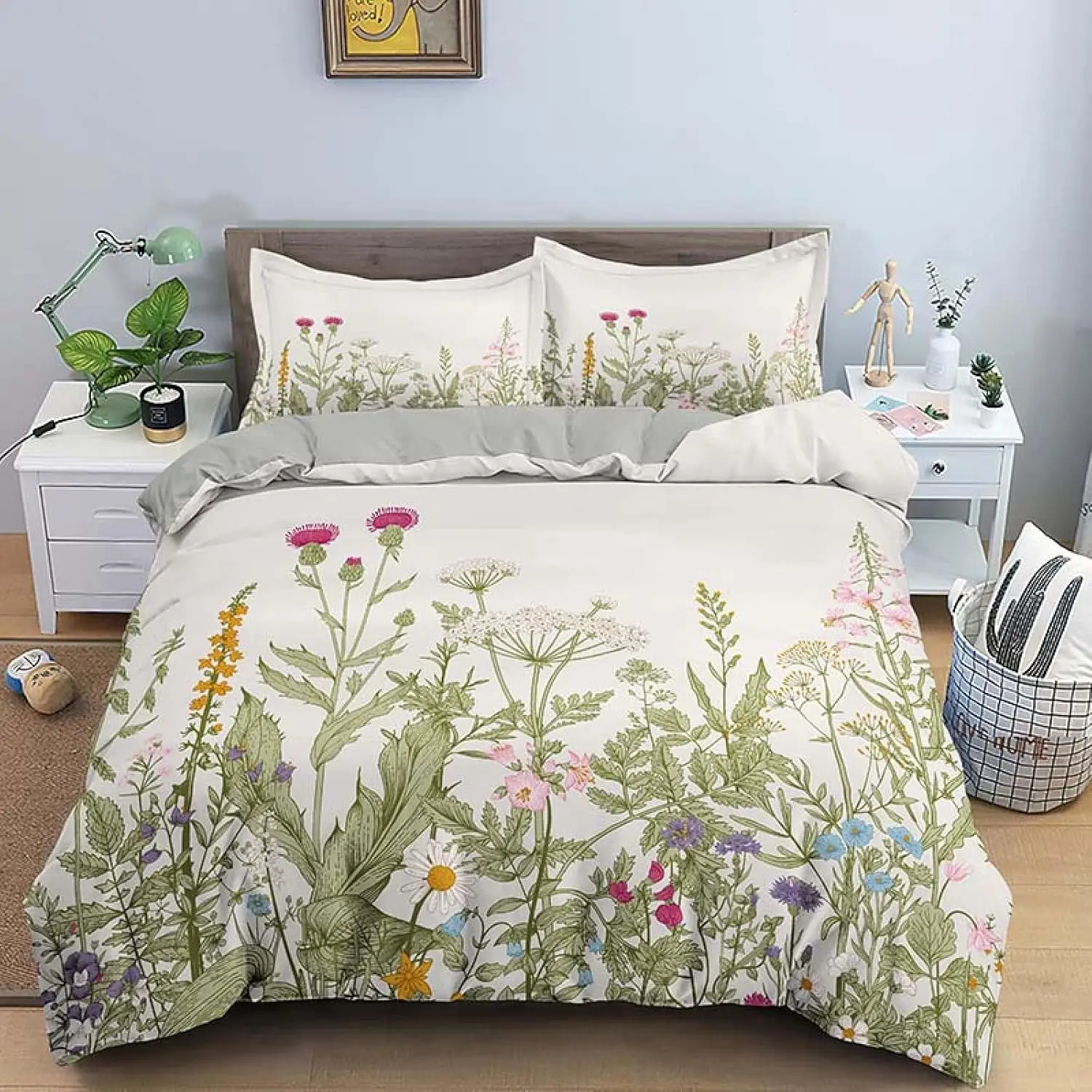 Floral Duvet Cover for Girls Boys Cute Botanical Leaves Bedding Set Kawaii Room Decor,Lovely Floral Herbs Flower Comforter Cover
