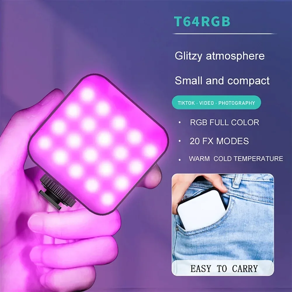 T64 RGB LED Photographic Lighting 2500-9000K Fill Lamp for Smarthphone Camera Gopro Tiktok Video Photo Shooting Small Light Kit