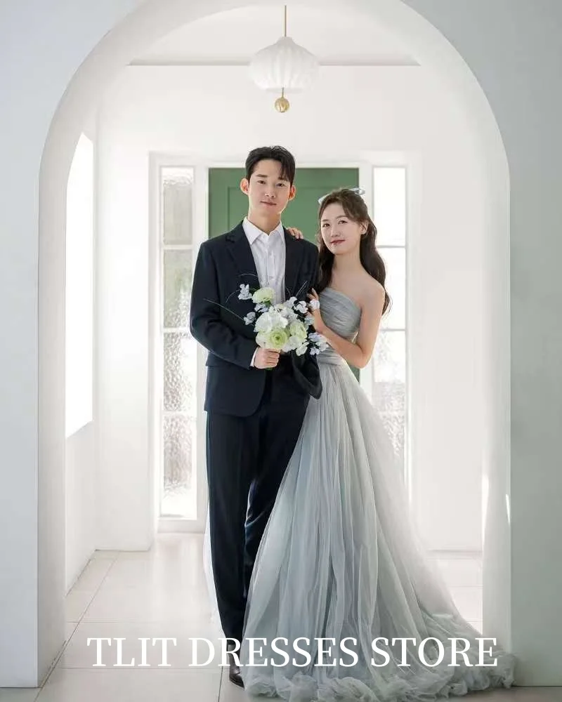 TLIT Elegant Dusty Blue Evening Dress Korea Wedding Dress Photo Shoot Strapless  Prom Gowns Customized Floor-Length Gowns