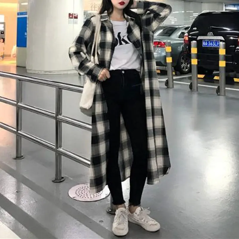 Stylish Streetwear Plaid Long Shirt Female Clothing Loose Straight Spring Autumn Turn-down Collar Casual Single-breasted Blouse