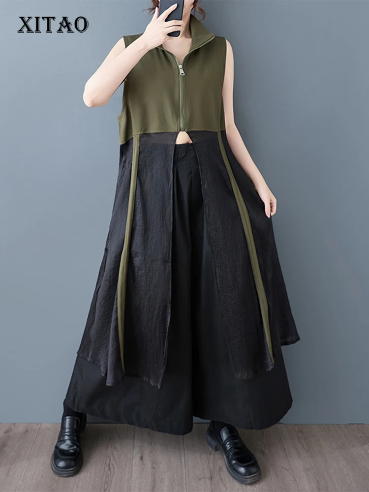 XITAO Patchwork Zipper Lapel Dress Casual Sleeveless New A-line Mid-calf Loose Turn-down Collar Spring Women Dress ZY8938