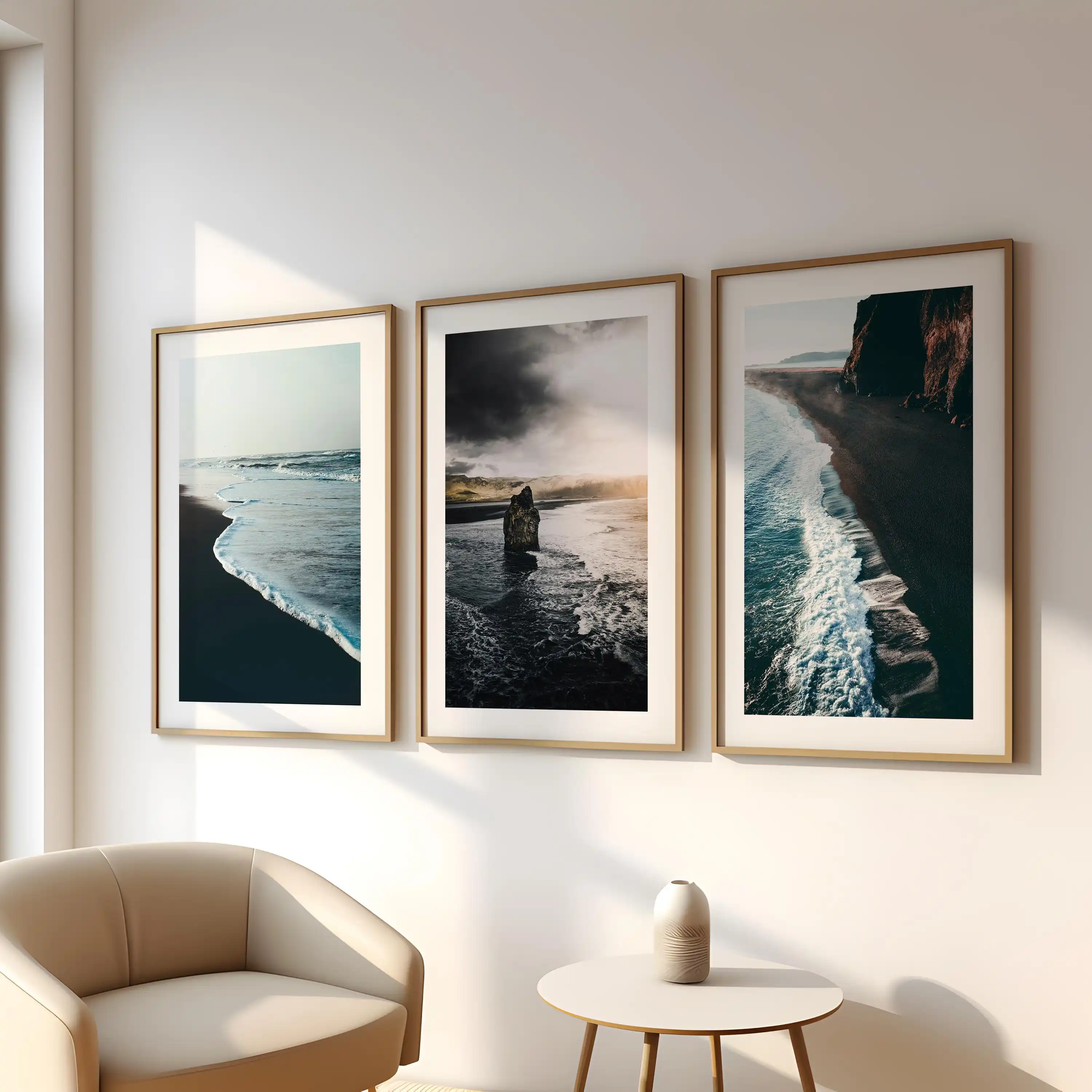 3er-Set Küstenfotografie-Drucke in Schwarz - Island Natur Galerie Wanddekoration Leinwandposter für Zuhause Schlafzimmer Raumdekoration