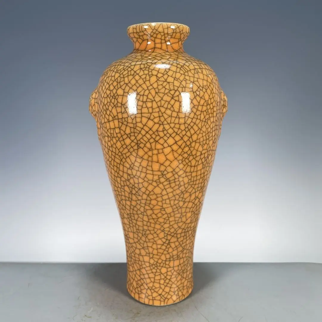 Collectible Ge Ware Craquelure Yellow Glaze Double-Ear Meiping Plum Vase, Antique Curio for Curio Cabinet Display