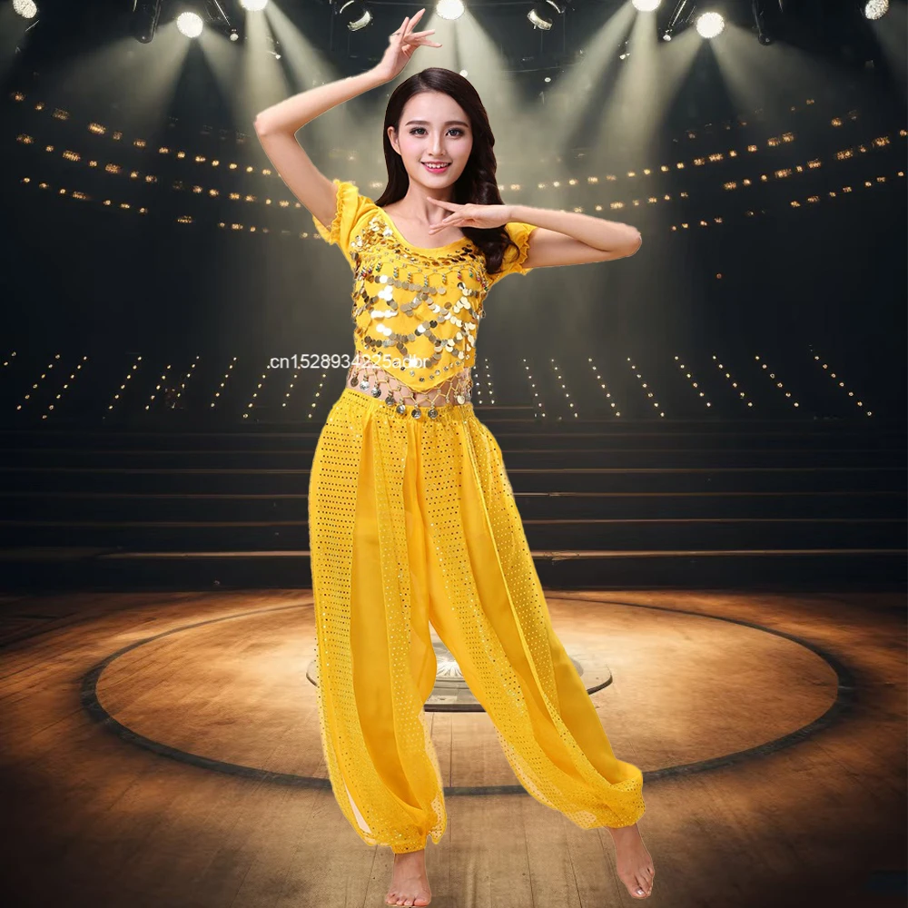 Damski kostium taneczny brzucha zestaw cekinowy krótki top + spodnie haremowe zestaw strojów orientalny taniec indyjski arabska bogini kostiumy na Halloween