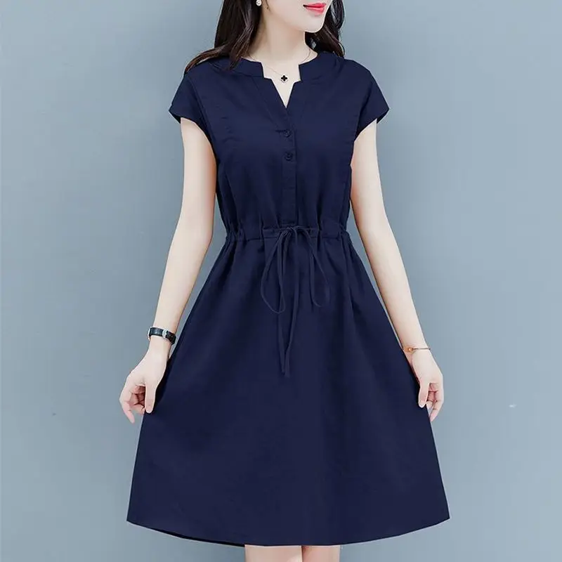 

Slimming V-Neck A-Line Cotton Linen Dress Women's plus Size Fashionable Spring Summer Midi Skirt Sporty Style Long Sleeve