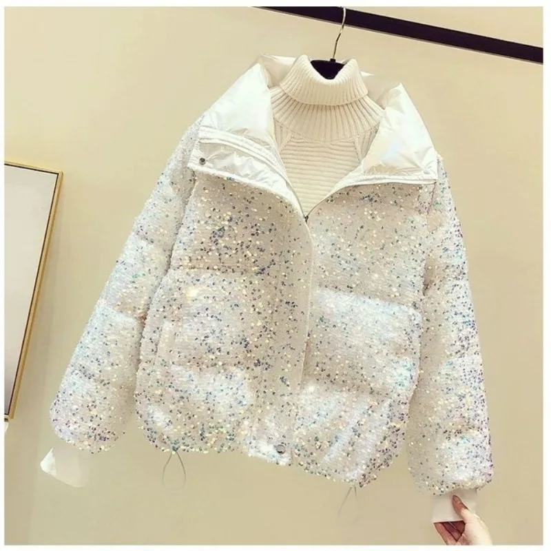 Fashion Sequins Down Cotton Coat Women Winter Jacket New Loose Stand Collar Short Bread Clothes Warm Jackets Outerwear