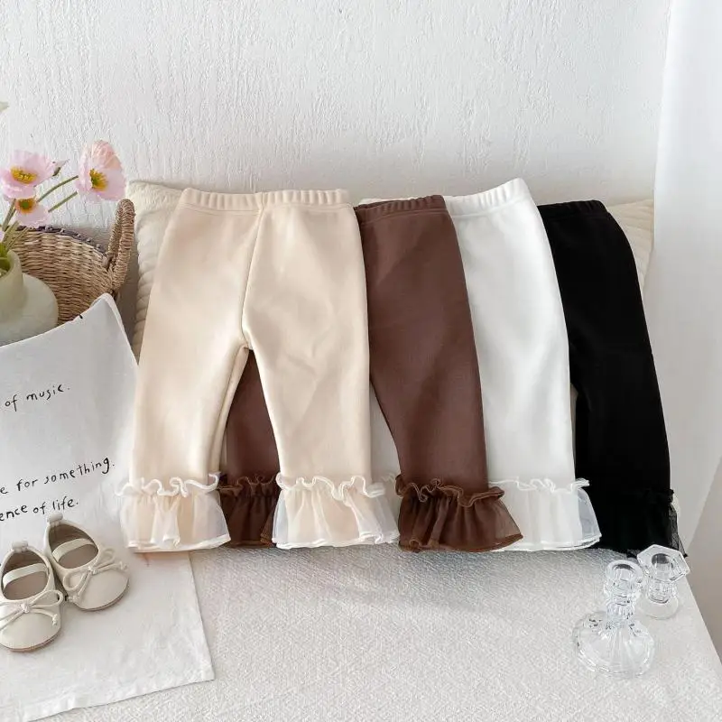 2025 Winter New Baby Girls Plus Velvet Thick Leggings Solid Girls Cute Lace Warm Pants Infant Fleece Trousers Toddler Clothes
