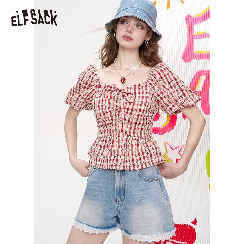 ELFSACK 2025 Summer New Arrivals Lace Lace High Waisted Denim Shorts For Women