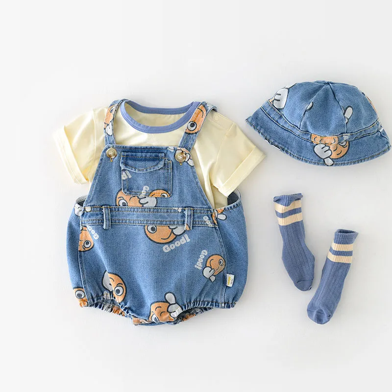 2PCS Summer Kids Baby Denim Bodysuit and Caps Suits One Piece Unisex Infant Boys Girls Soft Denim Clothing Jeans Jump Suits