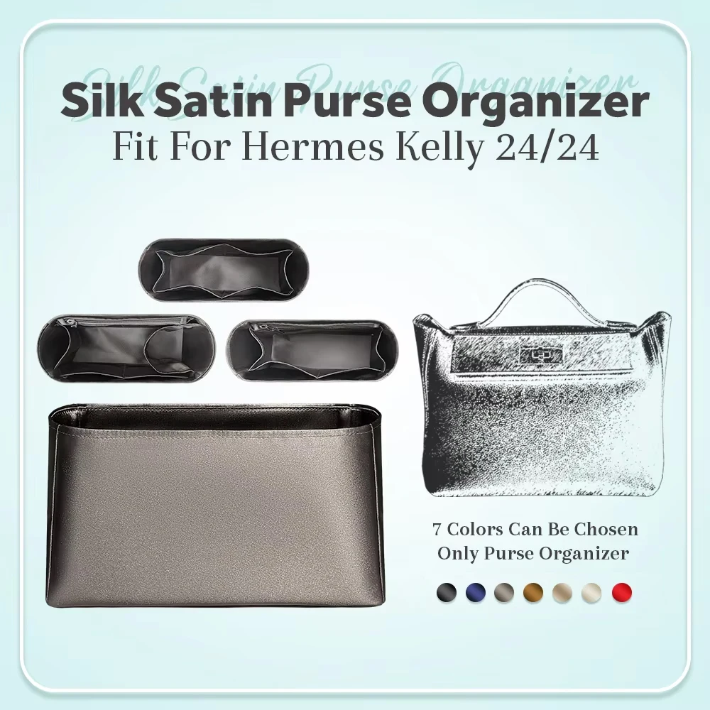 Silk Satin Purse Organizer Insert, lnner Liner Bag Organizer Insert Fit for Hermes Kelly 24/24 Handbag Inside Storage Bag In Bag