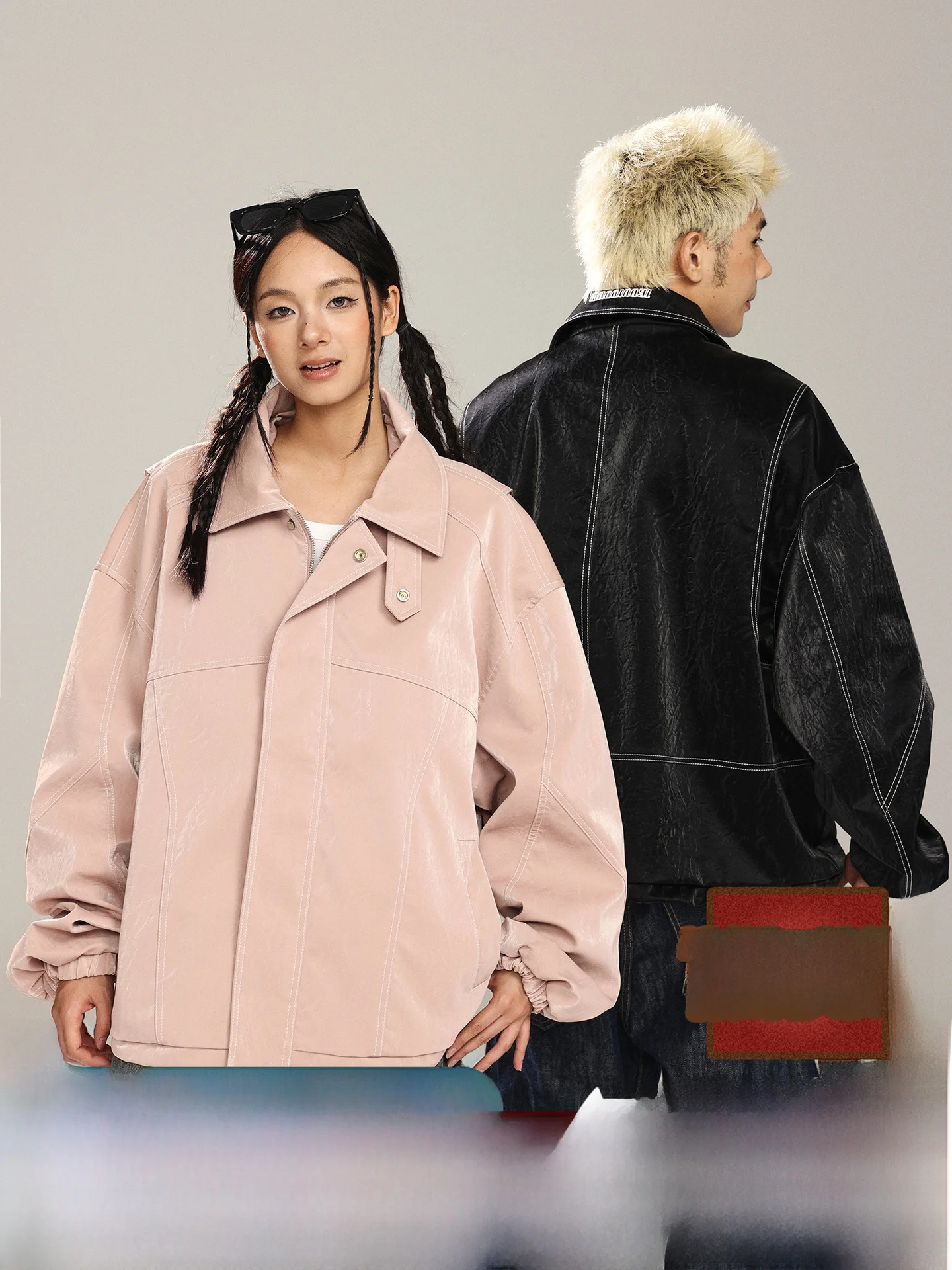 

American Sle PU Leather Open Cardigan Jaet Men's Loose Casual Outerwear for Spring And Autumn Youth Trendy Brand